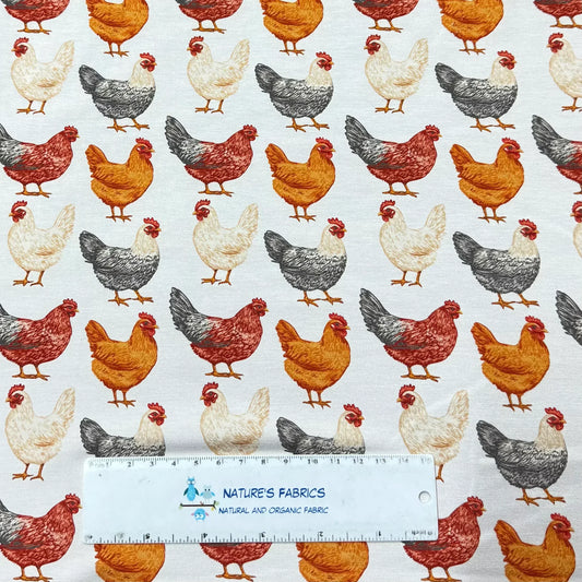 Nature's Fabrics chicken print organic cotton fabric with colorful hens, ruler for scale