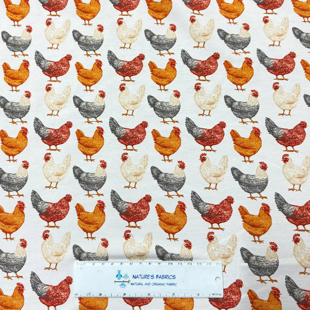 Nature's Fabrics chicken print organic cotton fabric with colorful hens, natural and eco-friendly textile