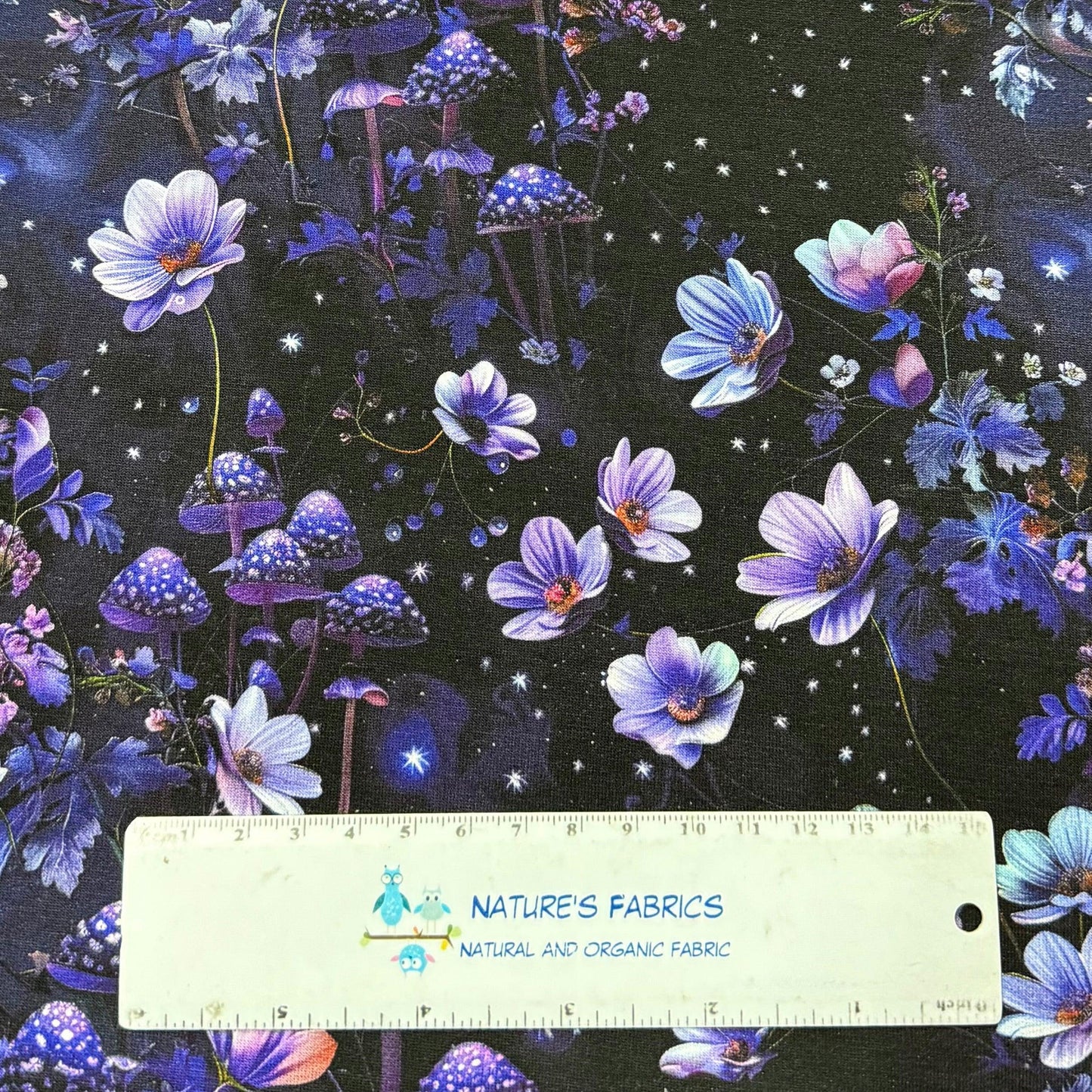 Purple Starry Mushroom Garden on Organic Cotton/Spandex Jersey Fabric