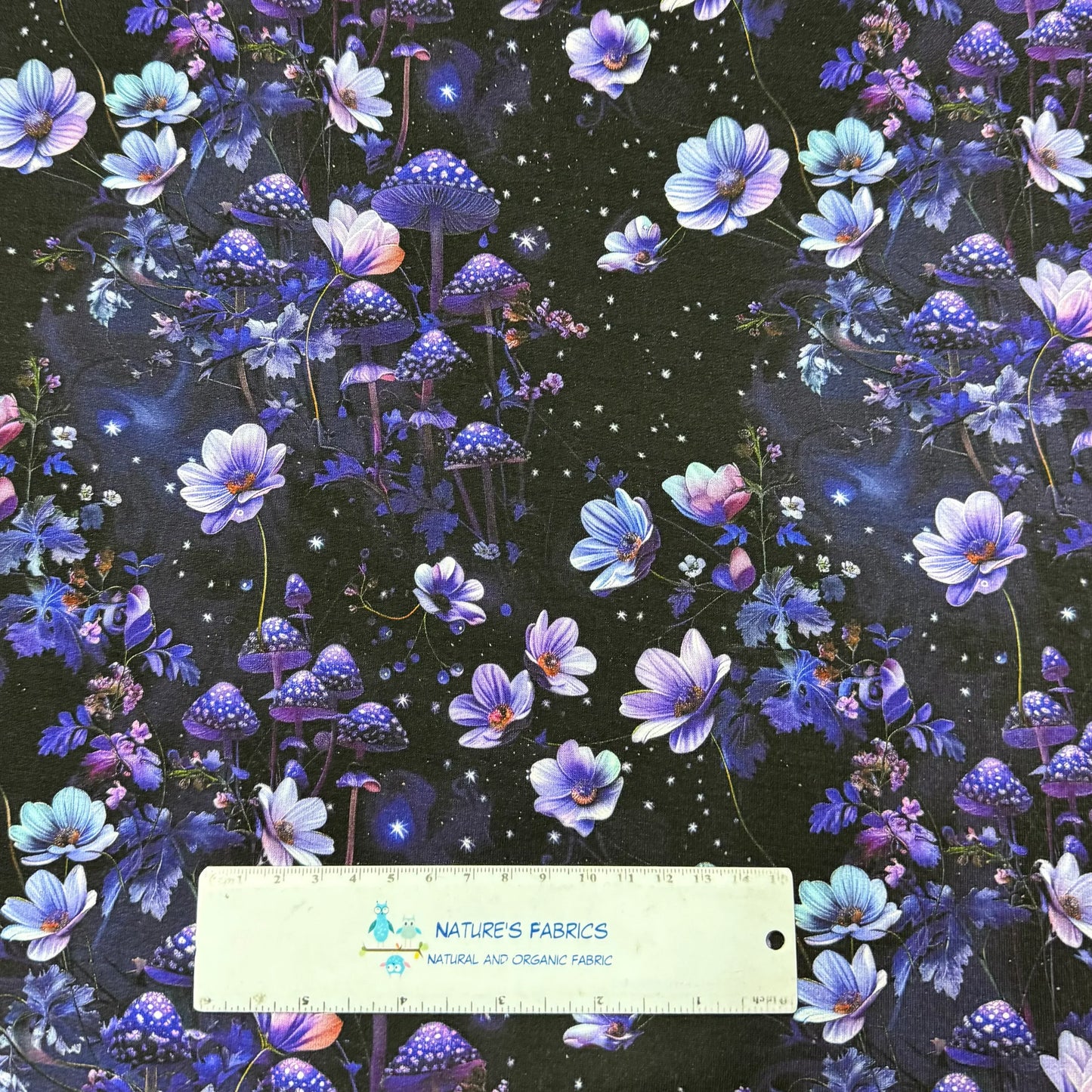 Purple Starry Mushroom Garden on Organic Cotton Stretch French Terry Fabrics