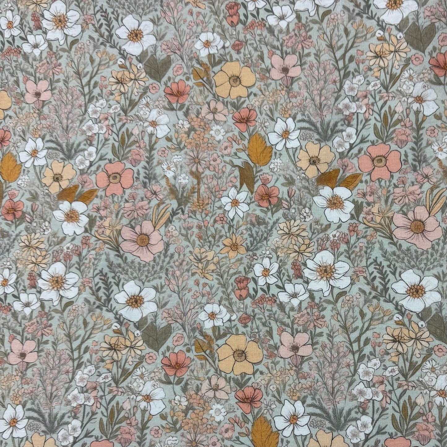 Flower Garden on Green Organic Cotton/Spandex Jersey Fabric