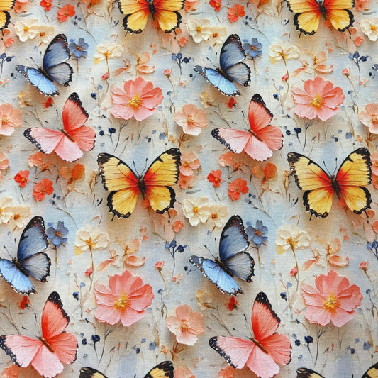 Colorful butterfly and floral print fabric by Nature's Fabrics, featuring blue, orange, and pink butterflies on a soft background.