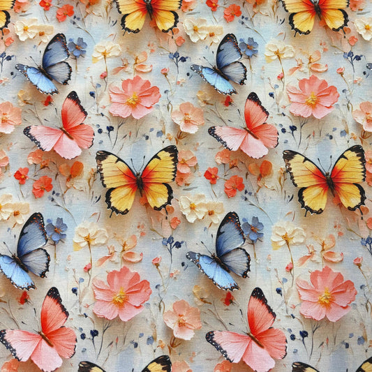 Colorful butterfly and floral print fabric by Nature's Fabrics, featuring blue, orange, and pink butterflies on a soft background.