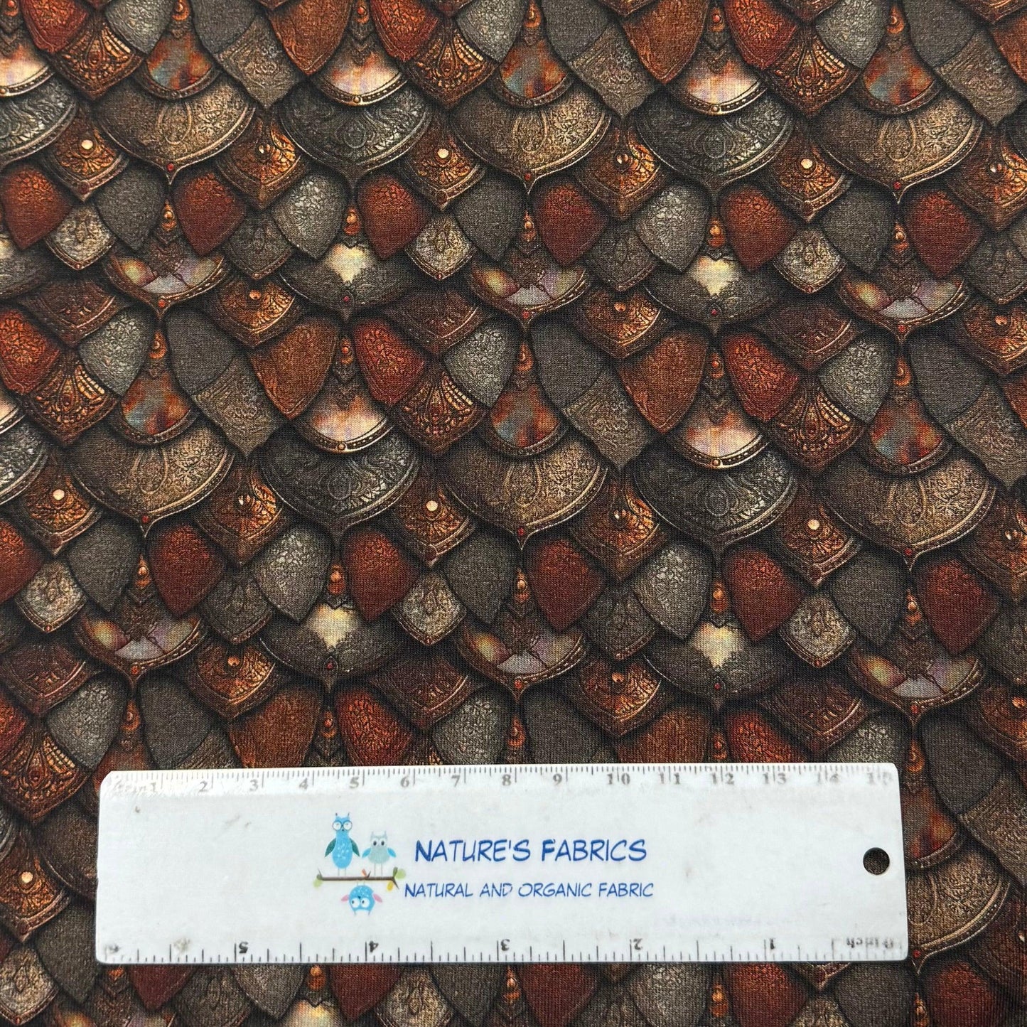 Gold and Brown Metal Scales on Organic Cotton Stretch French Terry Fabric