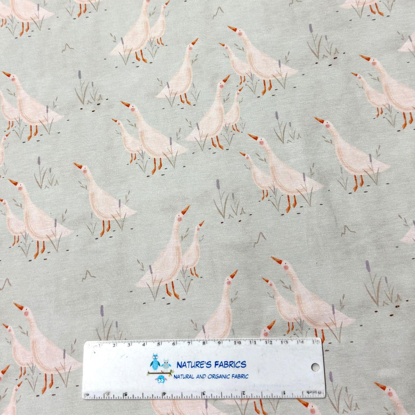 Geese in the Garden on Organic Cotton/Spandex Jersey Fabric
