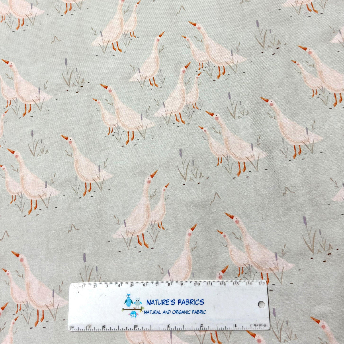 Nature's Fabrics organic cotton fabric with pink geese print on sage green background, ruler for scale