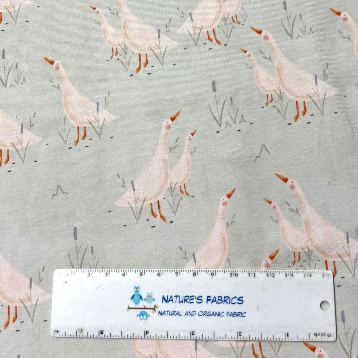 Nature's Fabrics organic cotton fabric with pink geese print, natural and eco-friendly textile by the yard