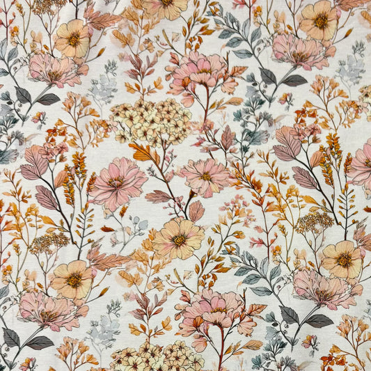 Nature's Fabrics natural fabric with a vintage pink and yellow floral botanical print
