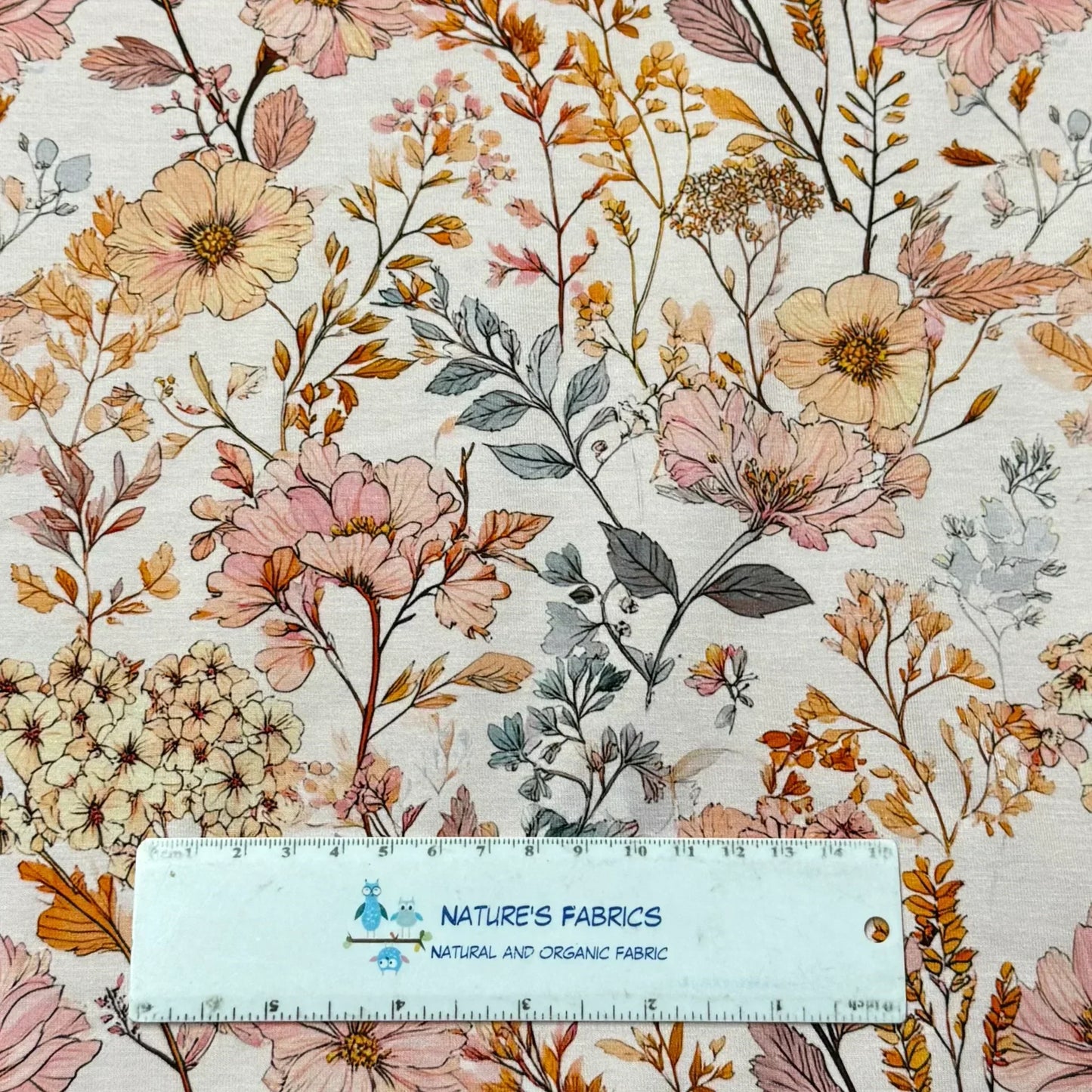 Nature's Fabrics floral print fabric with pink and orange blooms, organic cotton by the yard