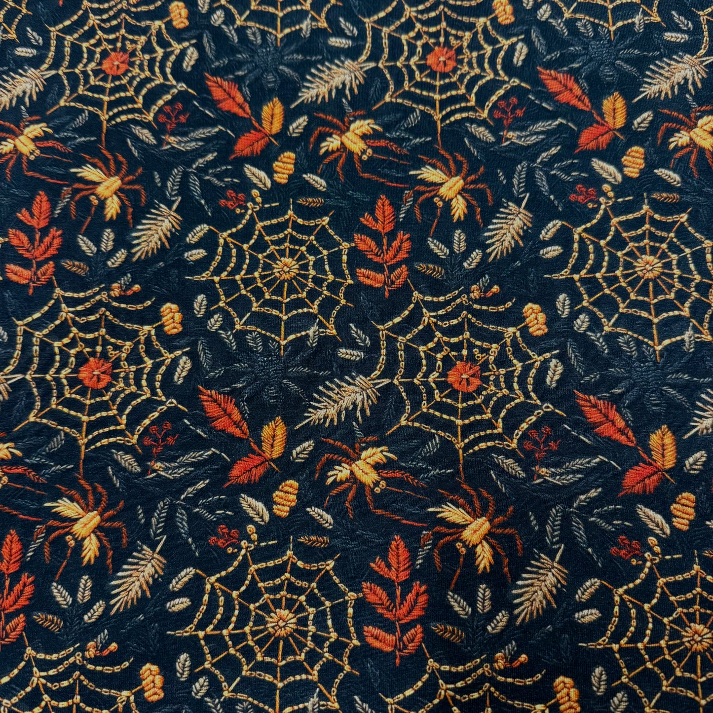 Embroidered Spiders and Webs on Bamboo/Spandex Jersey Fabric