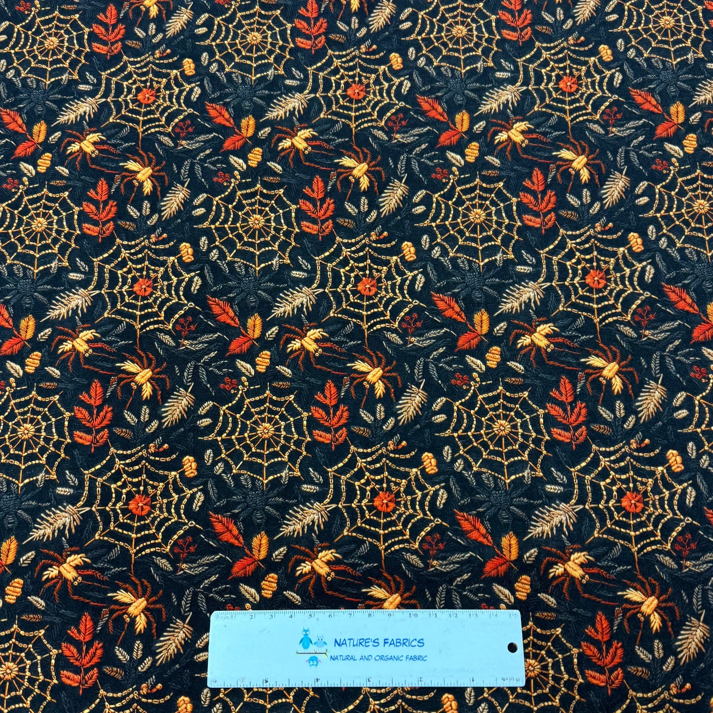 Embroidered Spiders and Webs on Organic Cotton/Spandex Jersey Fabric