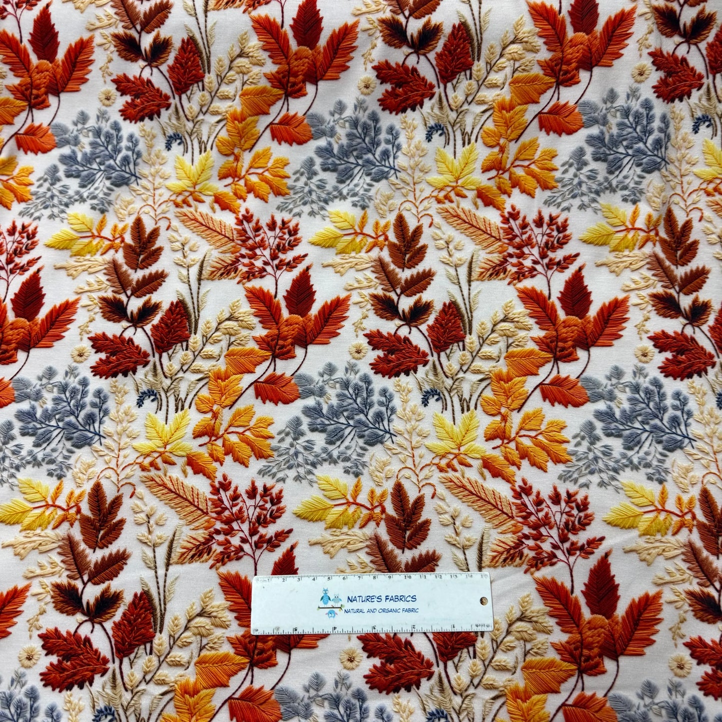 Embroidered Fall Leaves on Organic Cotton/Spandex Jersey Fabric