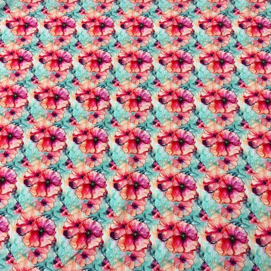 Nature's Fabrics red floral pattern fabric with watercolor pink poppies on a teal background