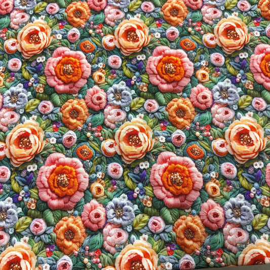 Nature's Fabrics: Vibrant floral embroidery with roses, peonies, and leaves on natural fabric, perfect for quilting and sewing projects.