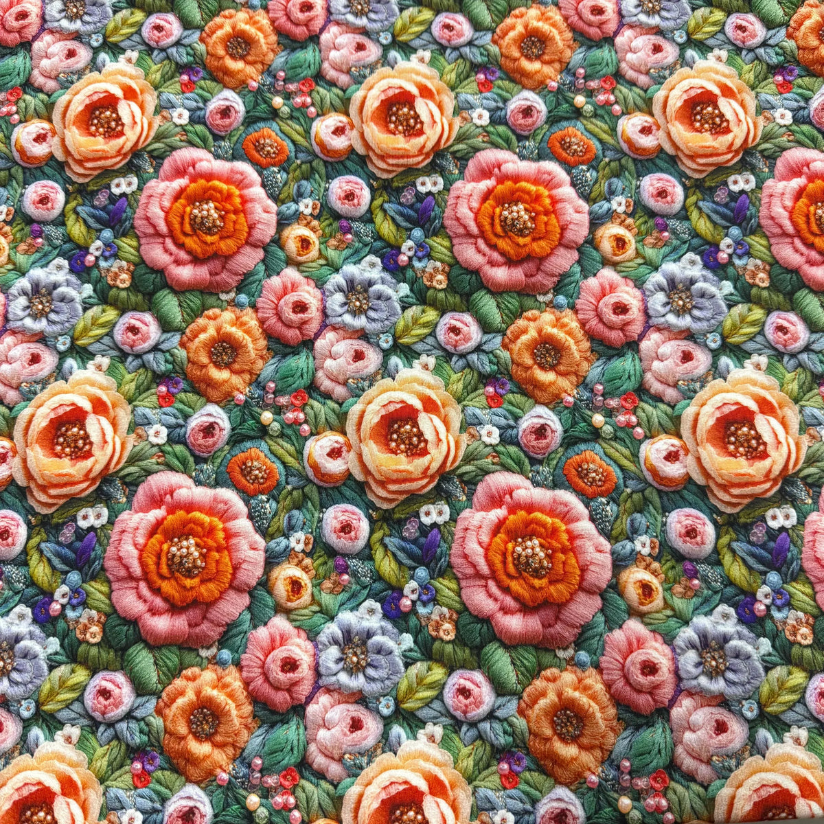 Detailed floral embroidery fabric from Nature's Fabrics with orange and pink roses.