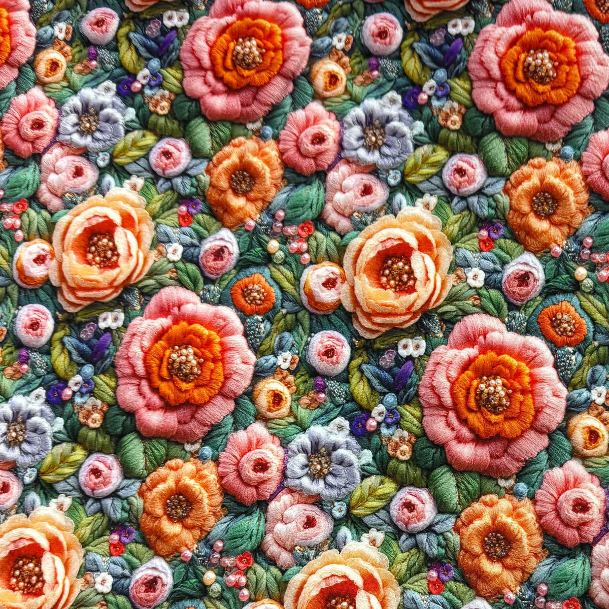 Intricate floral embroidery fabric from Nature's Fabrics featuring pink and orange blooms.