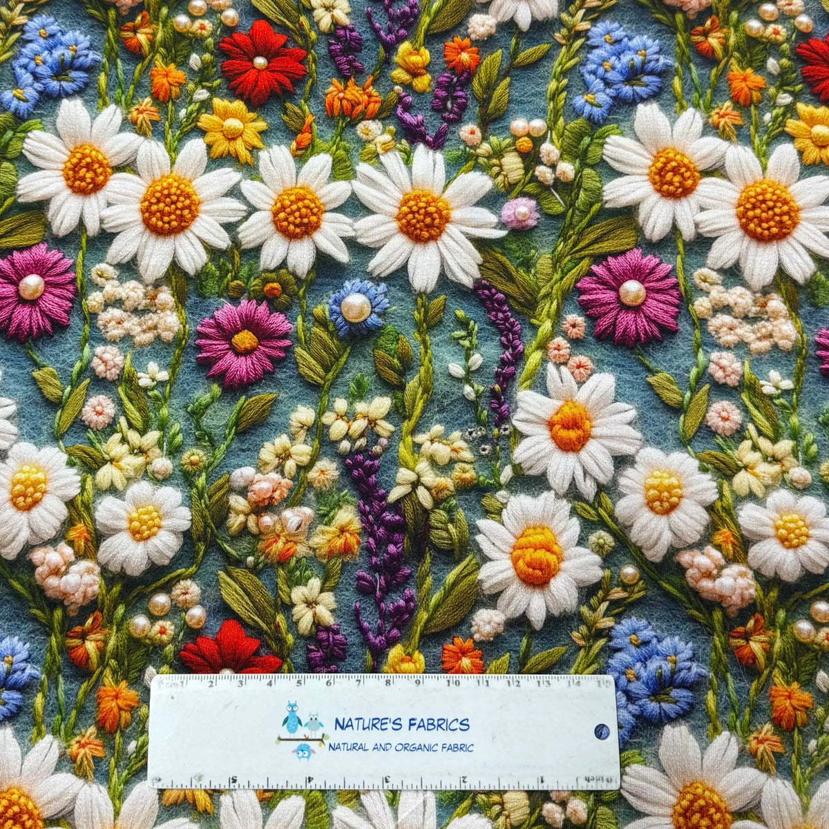 Detailed floral embroidery on teal fabric featuring Nature's Fabrics measuring tool.