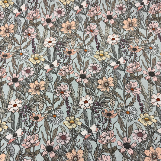 Nature's Fabrics floral print fabric with pastel pink, yellow, and white wildflowers