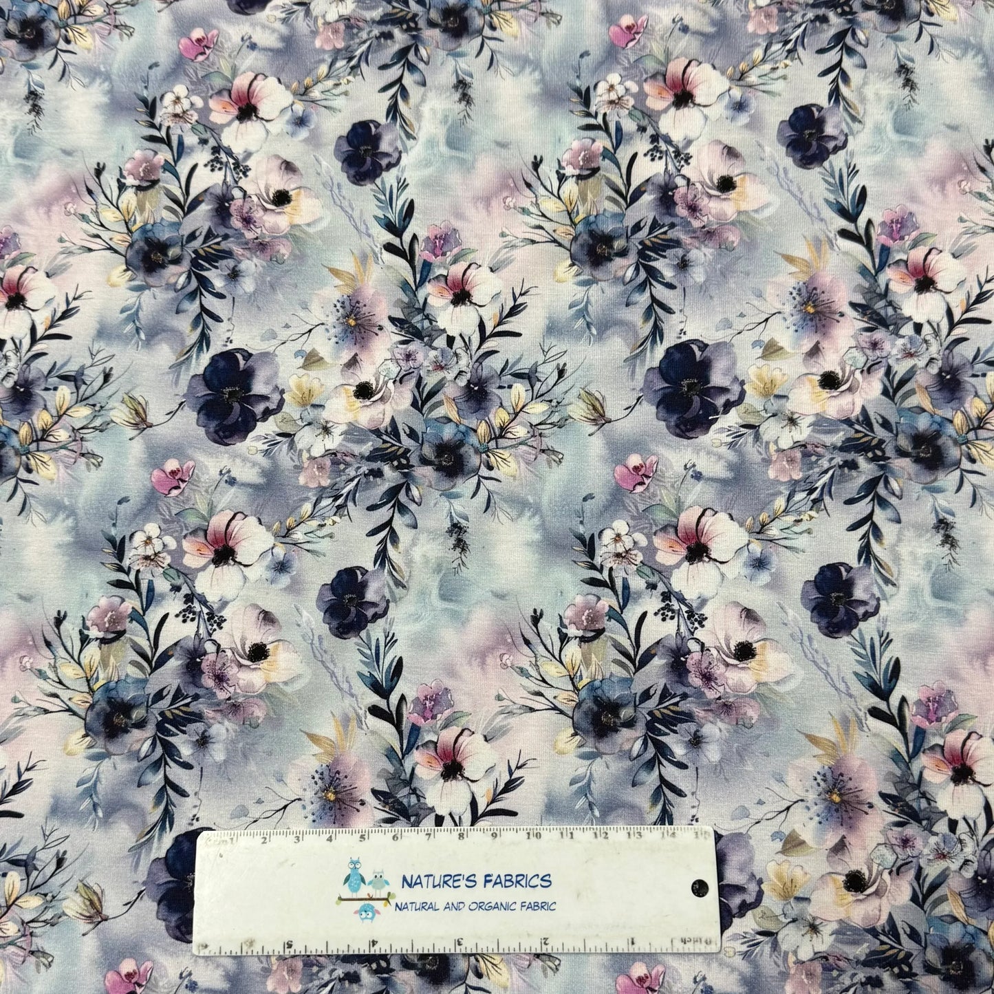 Winter Blue Flowers on Organic Cotton/Spandex Jersey Fabric