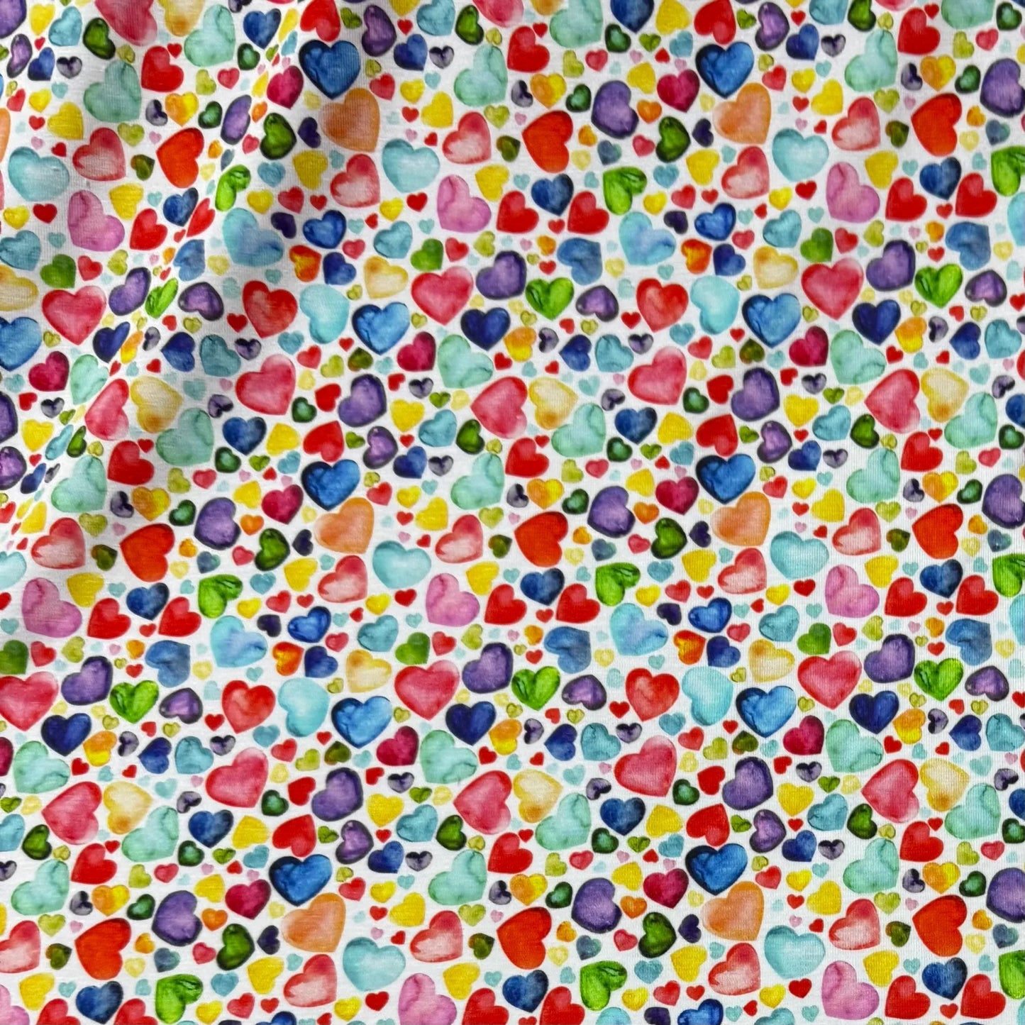 Rainbow Heart Toss on Bamboo/Spandex Jersey Fabric