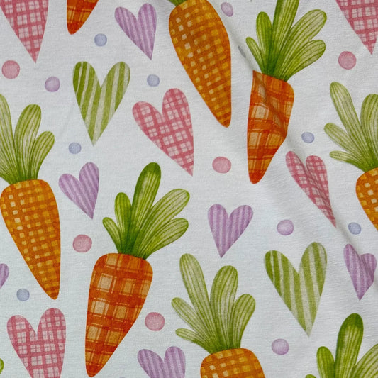 Carrot and heart patterned fabric by Nature's Fabrics, organic cotton print with plaid & stripes