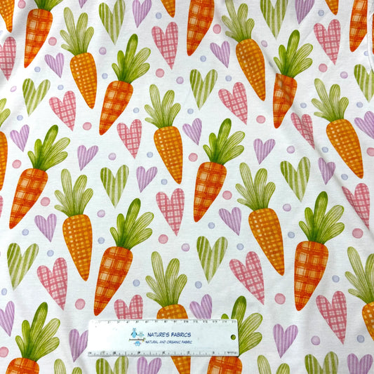 Nature's Fabrics carrot and heart pattern organic cotton fabric with plaid design and colorful dots