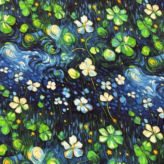Nature's Fabrics painting of swirling blue sky with white flowers and green clovers