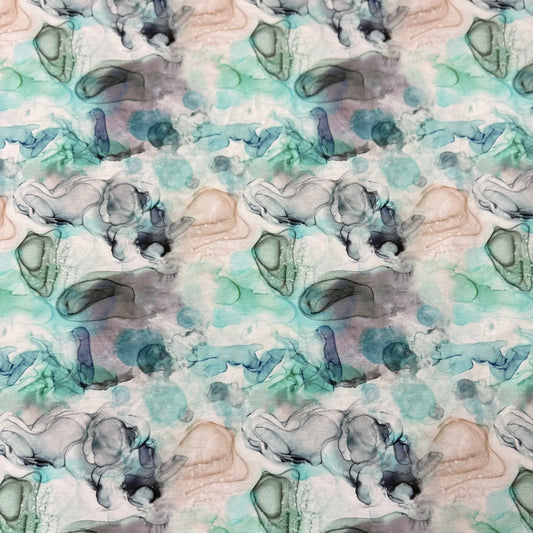 Nature's Fabrics abstract alcohol ink pattern in teal, grey, and beige tones.