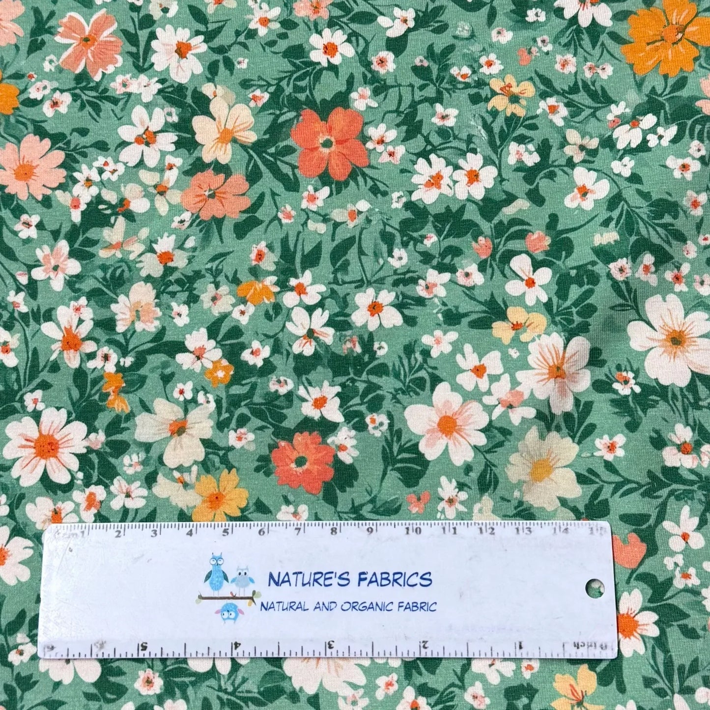 Vintage Floral on Green Organic Cotton/Spandex Jersey Fabric