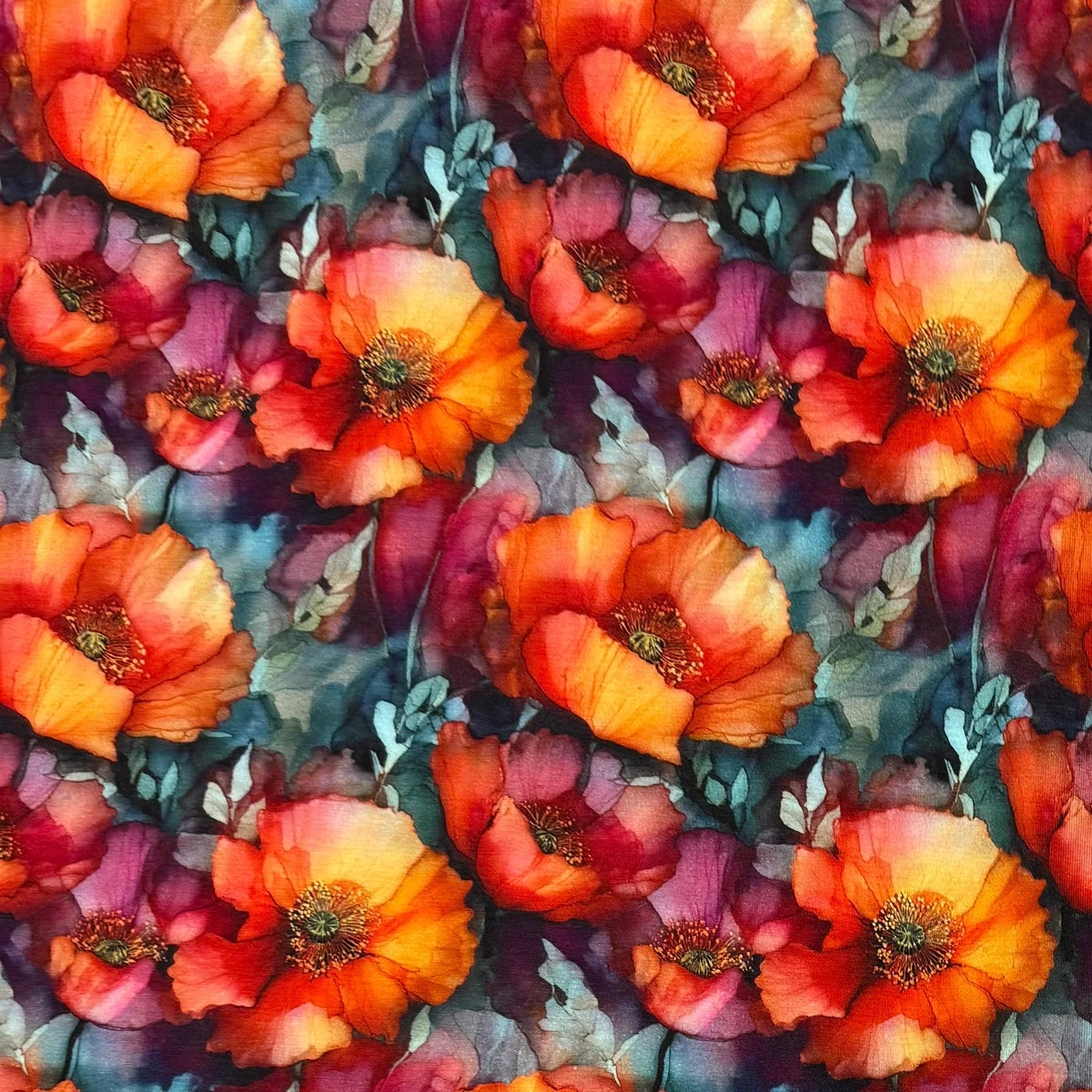 Nature's Fabrics watercolor orange and red poppy floral pattern textile