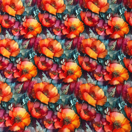 Vibrant orange and red floral poppy print fabric from Nature's Fabrics