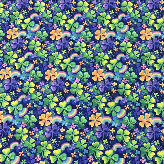 Nature's Fabrics blue fabric with green clovers, rainbows, and colorful flowers pattern.