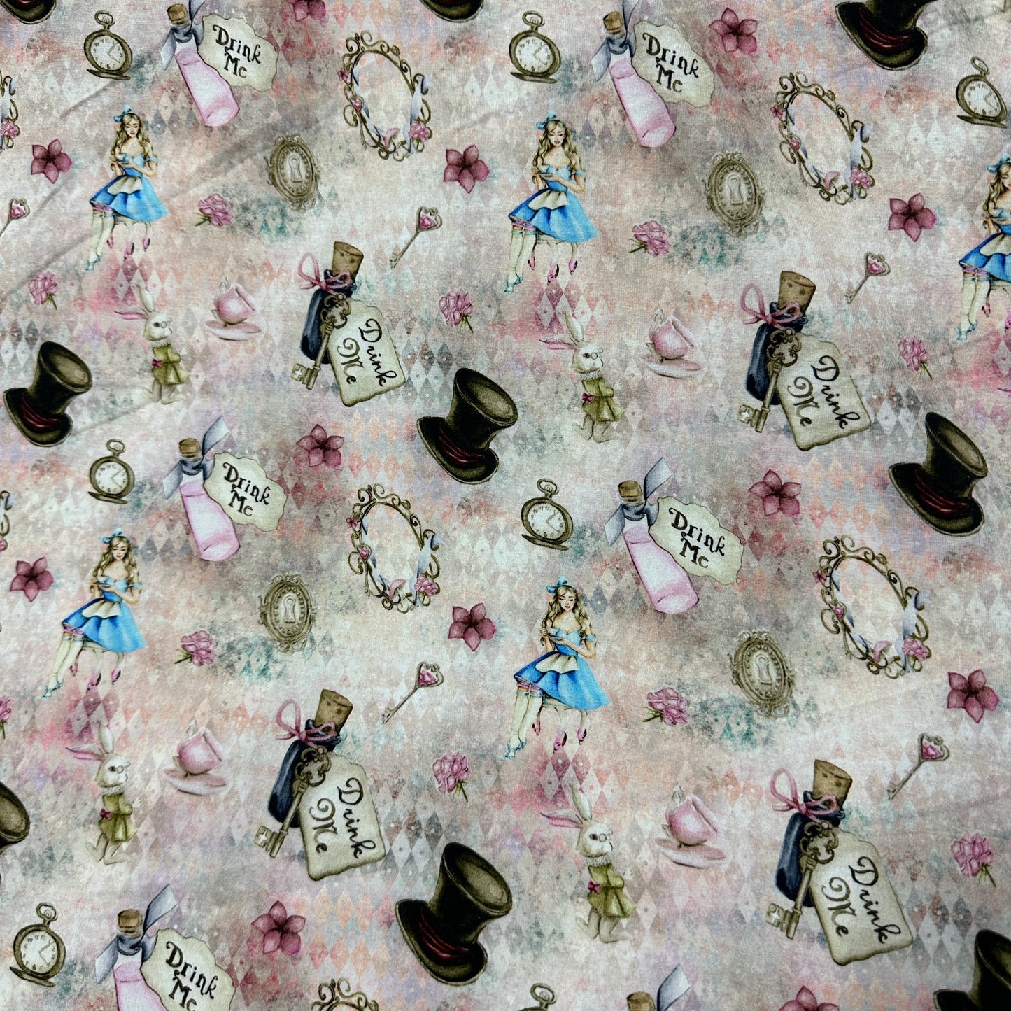 Alice and the White Rabbit on Watercolor Bamboo/Spandex Jersey Fabric - Nature's Fabrics