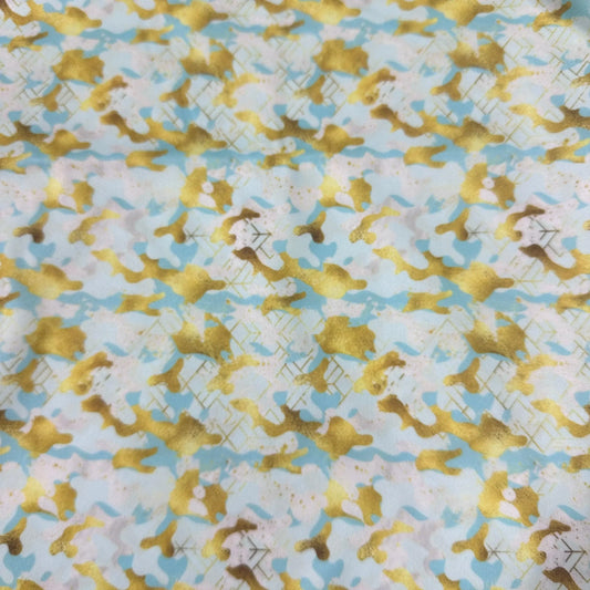 Nature's Fabrics blue and gold abstract camouflage print natural fabric.