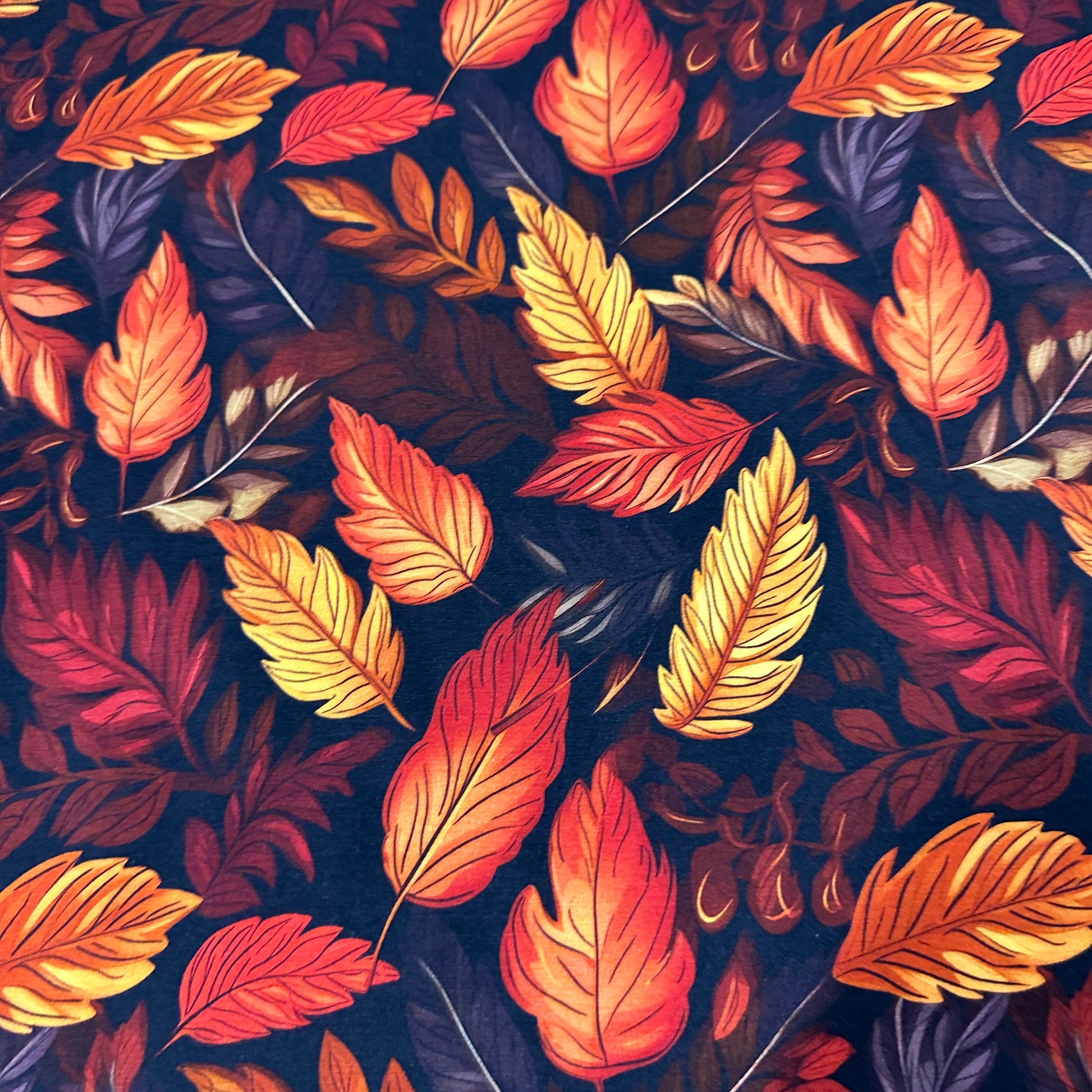 Autumn Leaves on Bamboo/Spandex Jersey Fabric - Nature's Fabrics