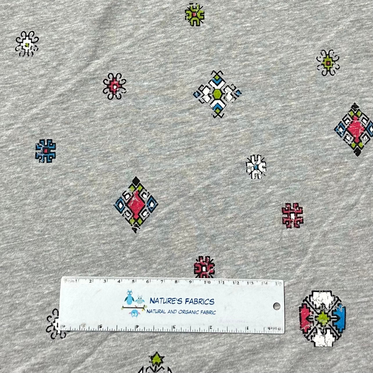 Aztecs on Gray Cotton/Poly Jersey Fabric - Nature's Fabrics