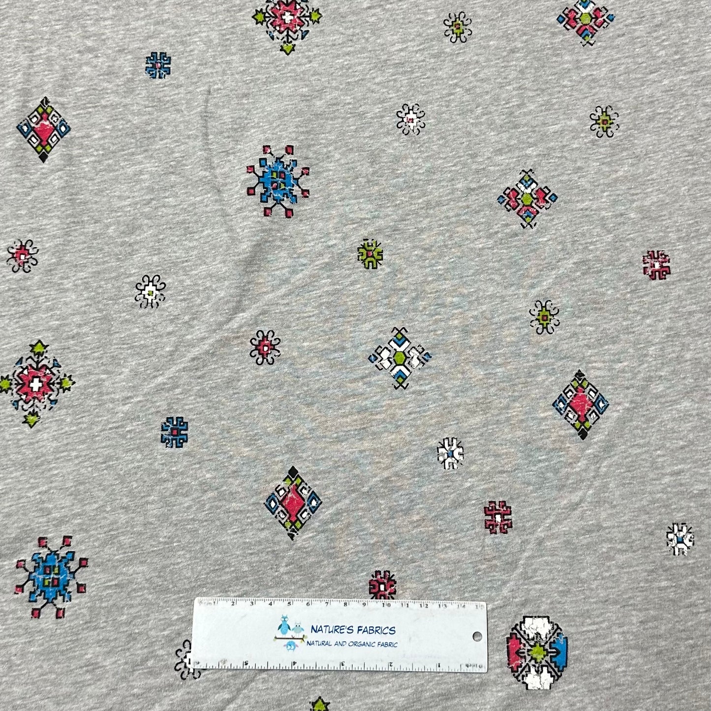 Aztecs on Gray Cotton/Poly Jersey Fabric - Nature's Fabrics