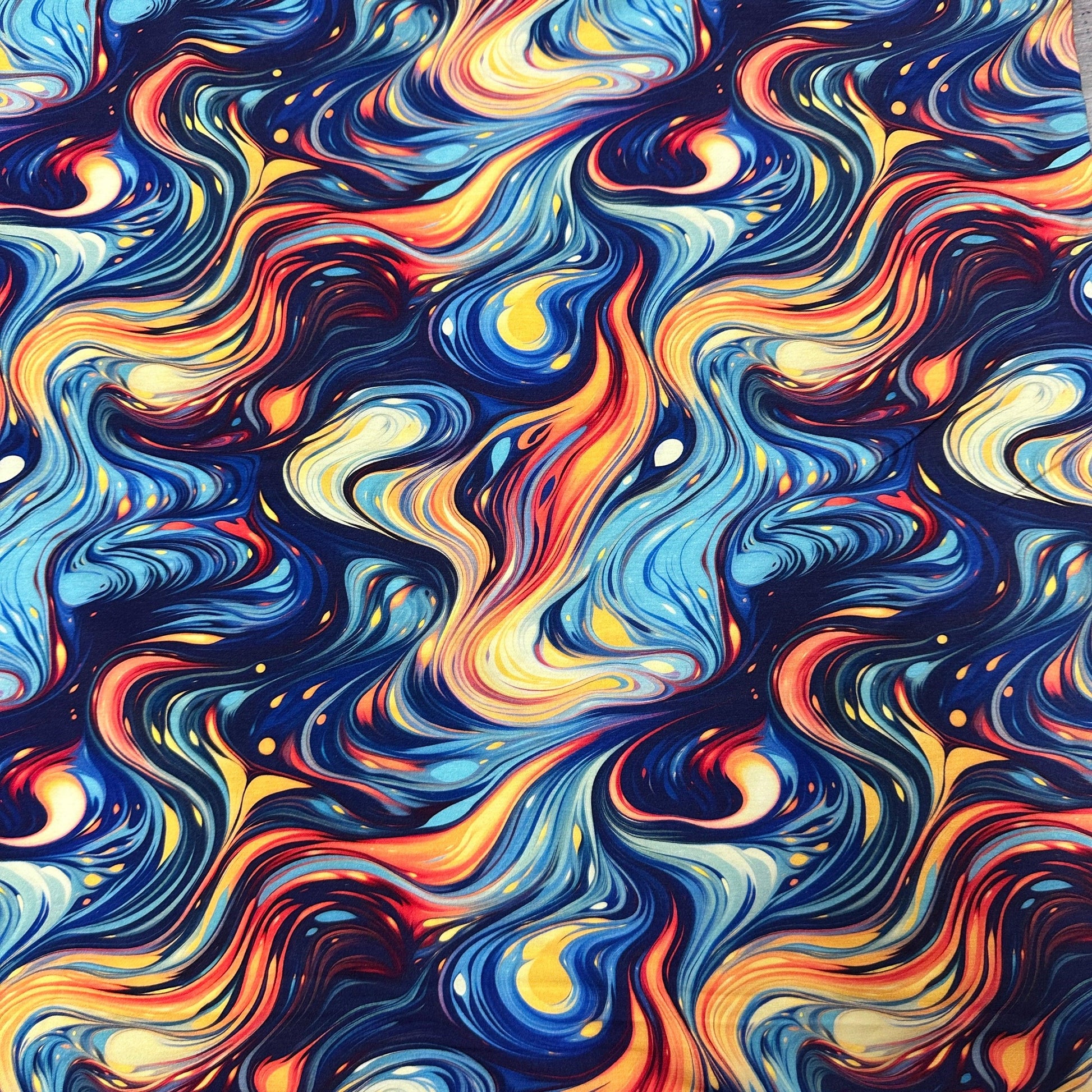 Blue and Orange Marble on Bamboo Stretch French Terry Fabric - Nature's Fabrics