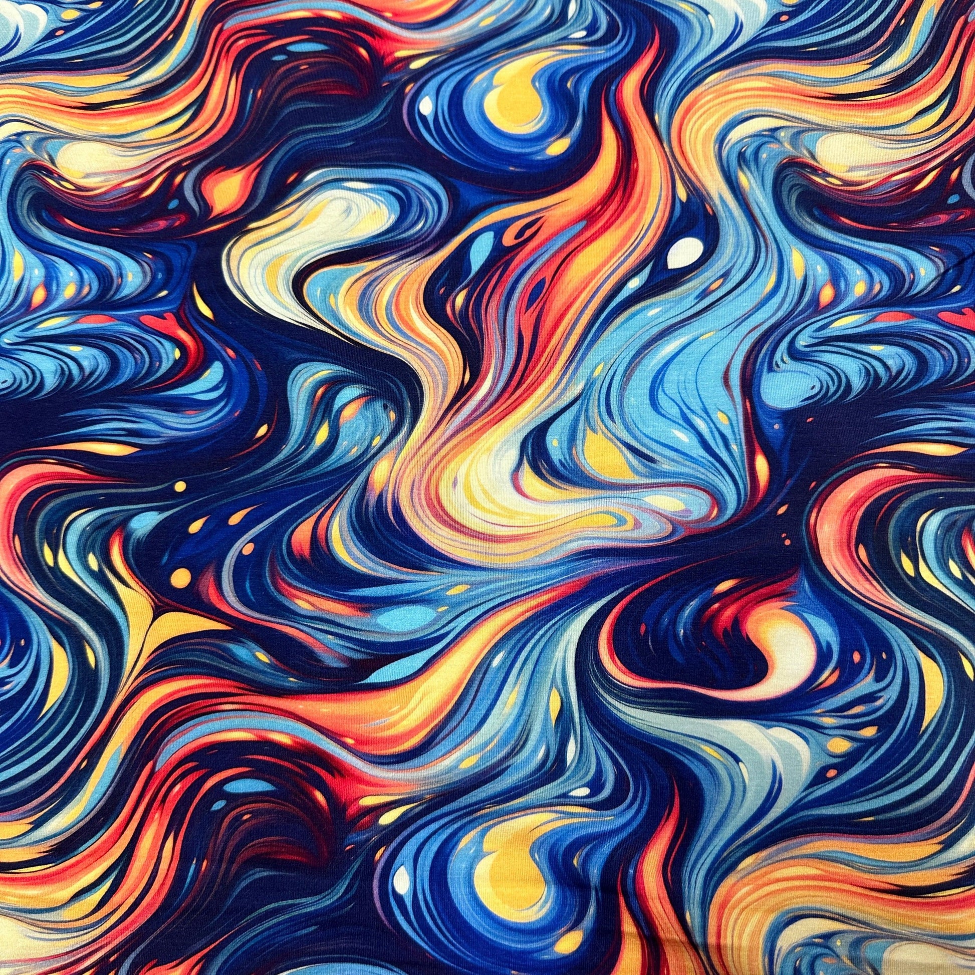Blue and Orange Marble on Bamboo Stretch French Terry Fabric - Nature's Fabrics