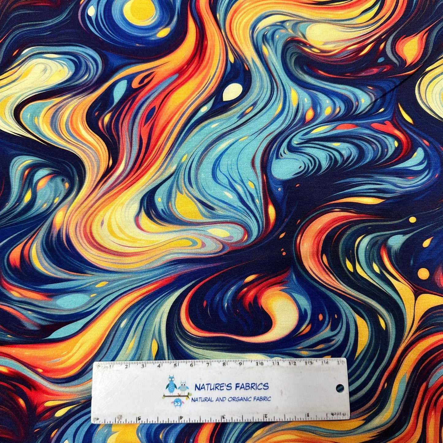 Blue and Orange Marble on Bamboo Stretch French Terry Fabric - Nature's Fabrics
