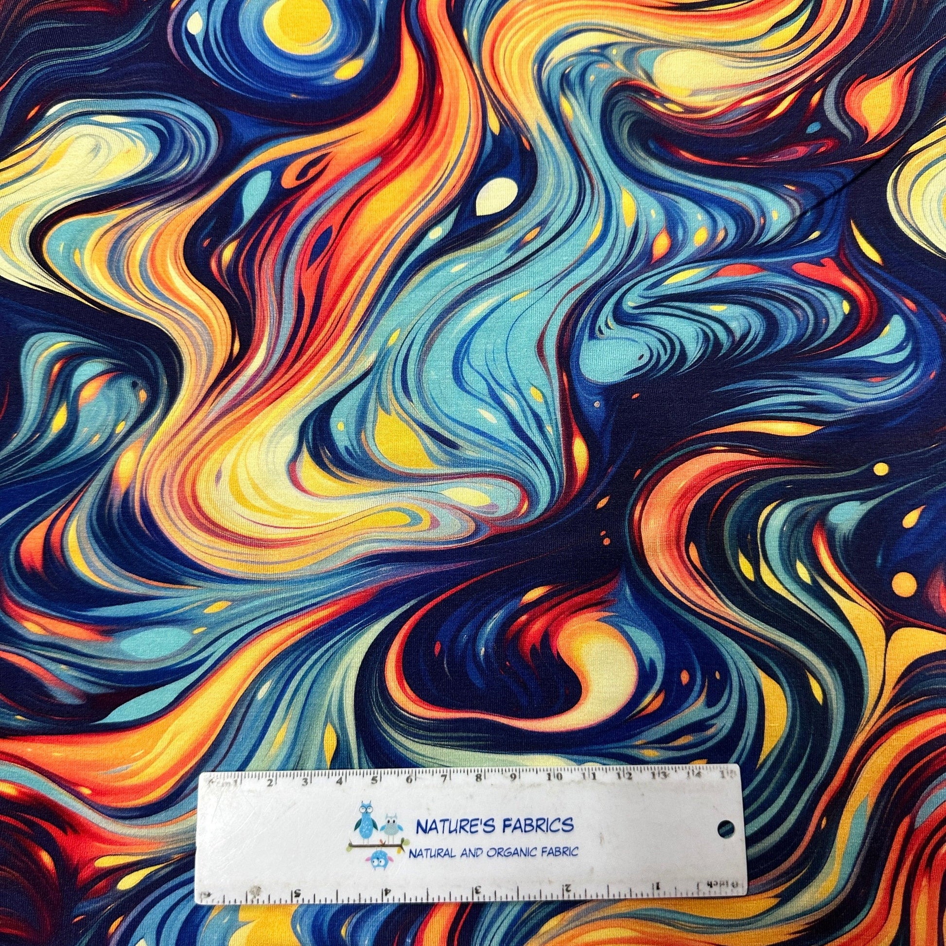 Blue and Orange Marble on Bamboo Stretch French Terry Fabric - Nature's Fabrics