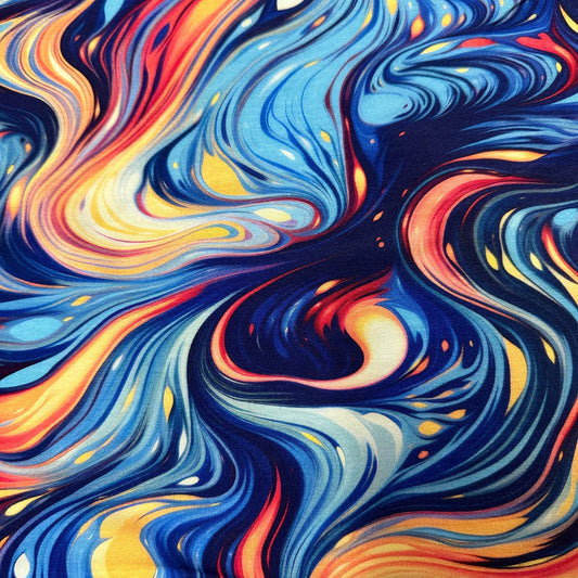 Blue and Orange Marble on Bamboo Stretch French Terry Fabric - Nature's Fabrics