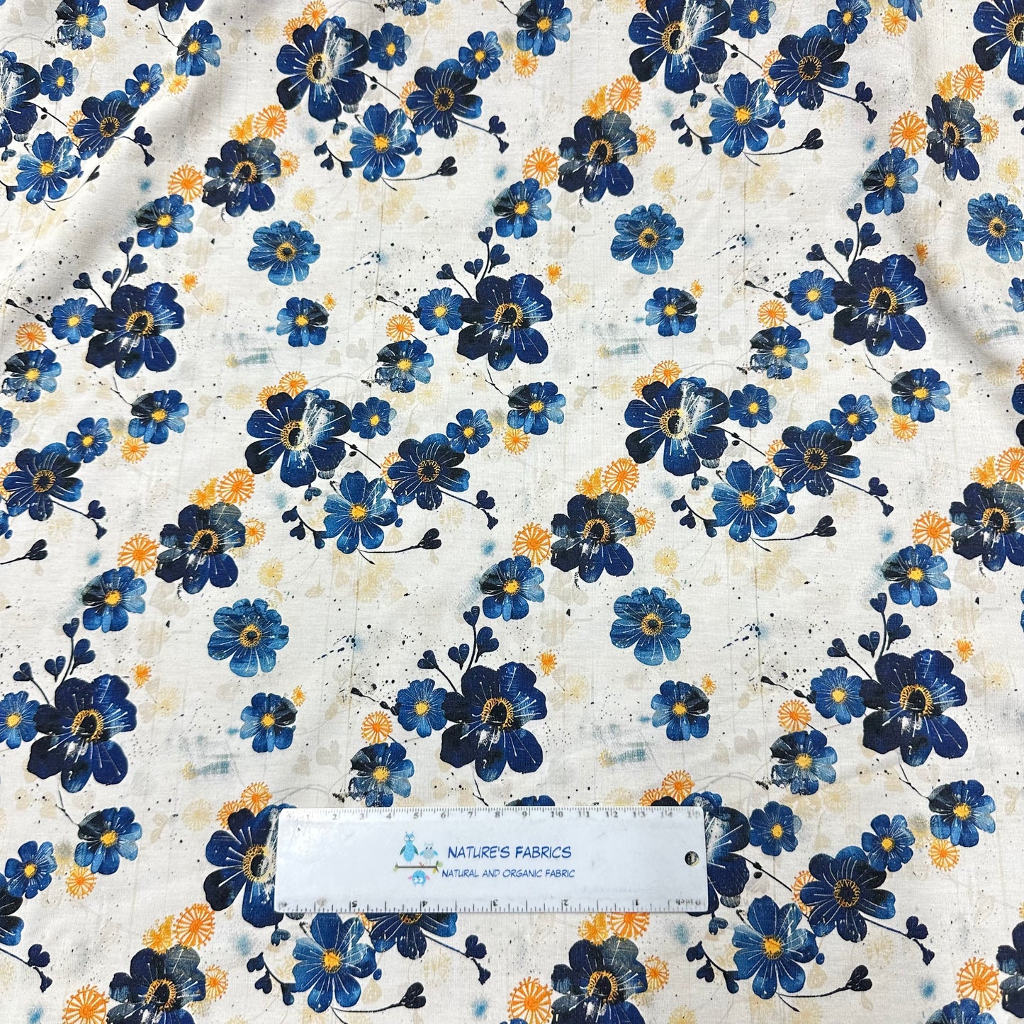 Blue Blossoms on Bamboo/Spandex Jersey Fabric - Nature's Fabrics