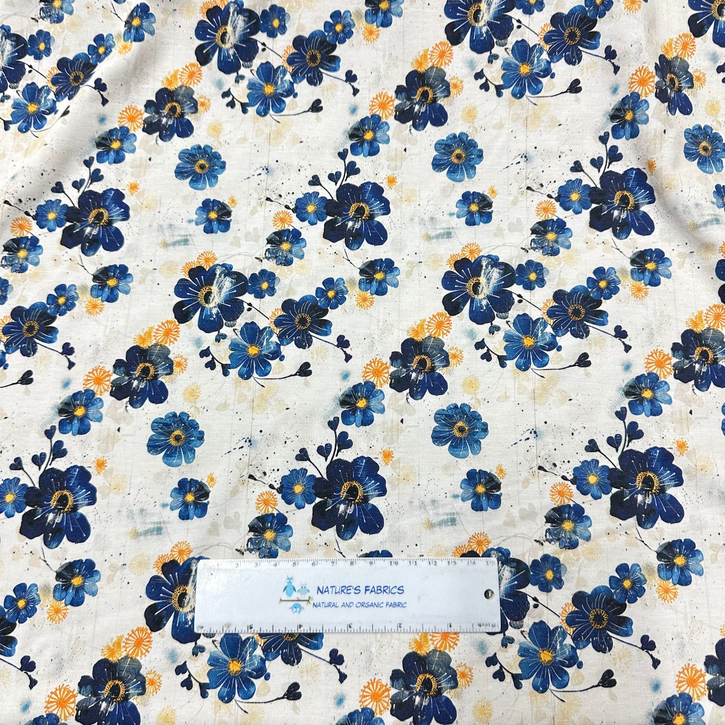 Blue Blossoms on Bamboo/Spandex Jersey Fabric - Nature's Fabrics