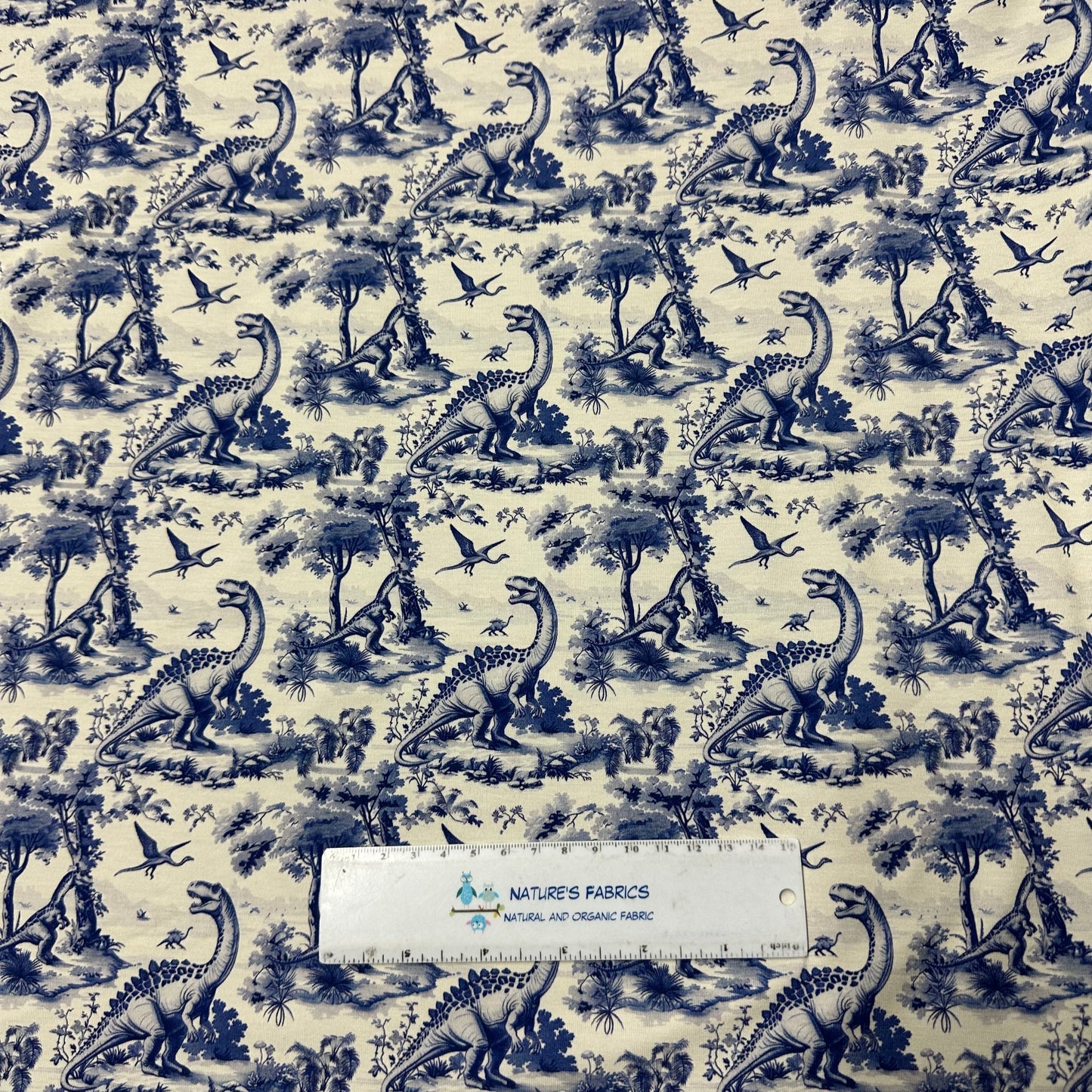 Blue Dino Toile on Bamboo/Spandex Jersey Fabric - Nature's Fabrics