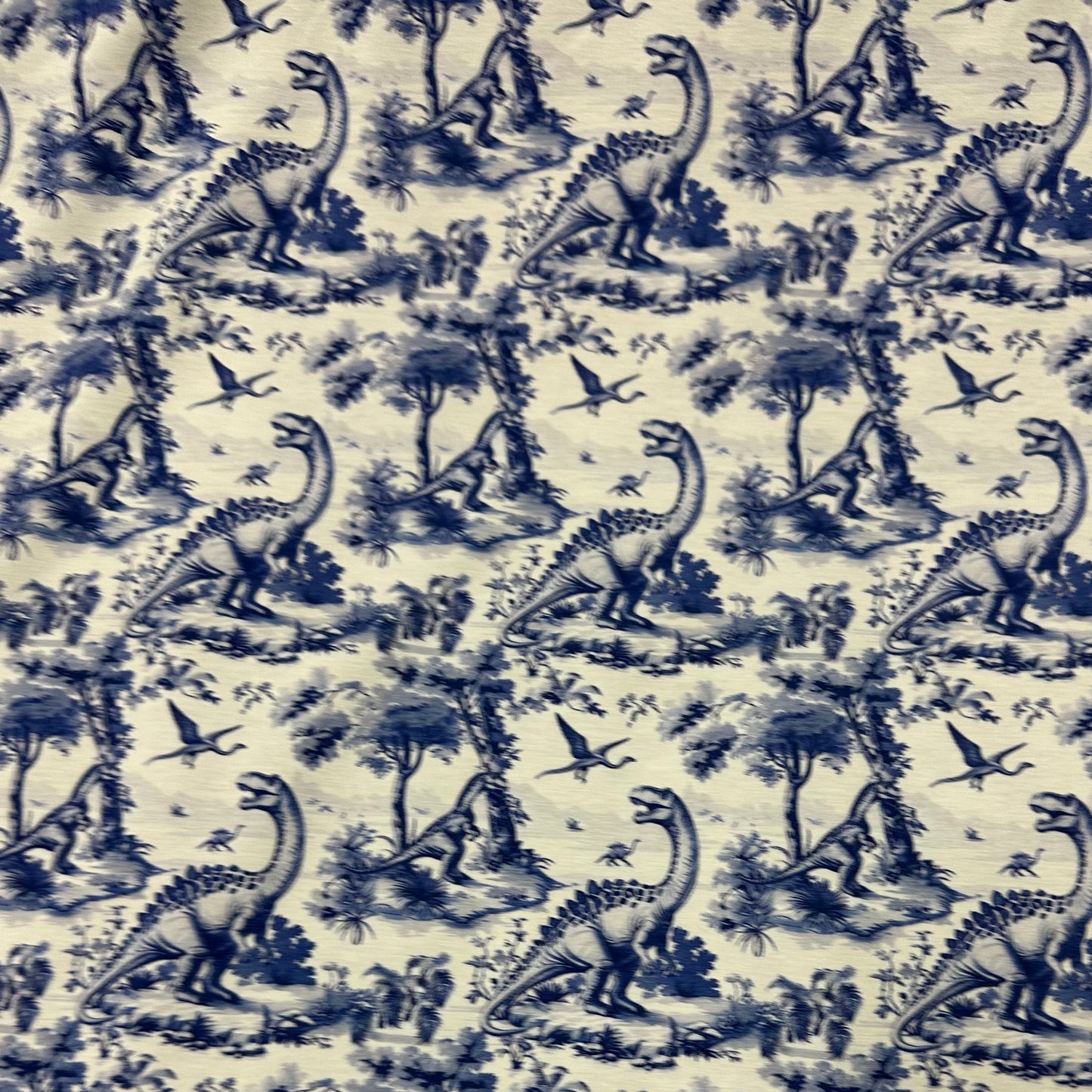Blue Dino Toile on Bamboo/Spandex Jersey Fabric - Nature's Fabrics