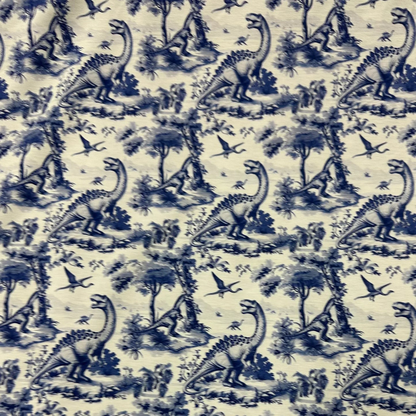 Blue Dino Toile on Bamboo/Spandex Jersey Fabric - Nature's Fabrics