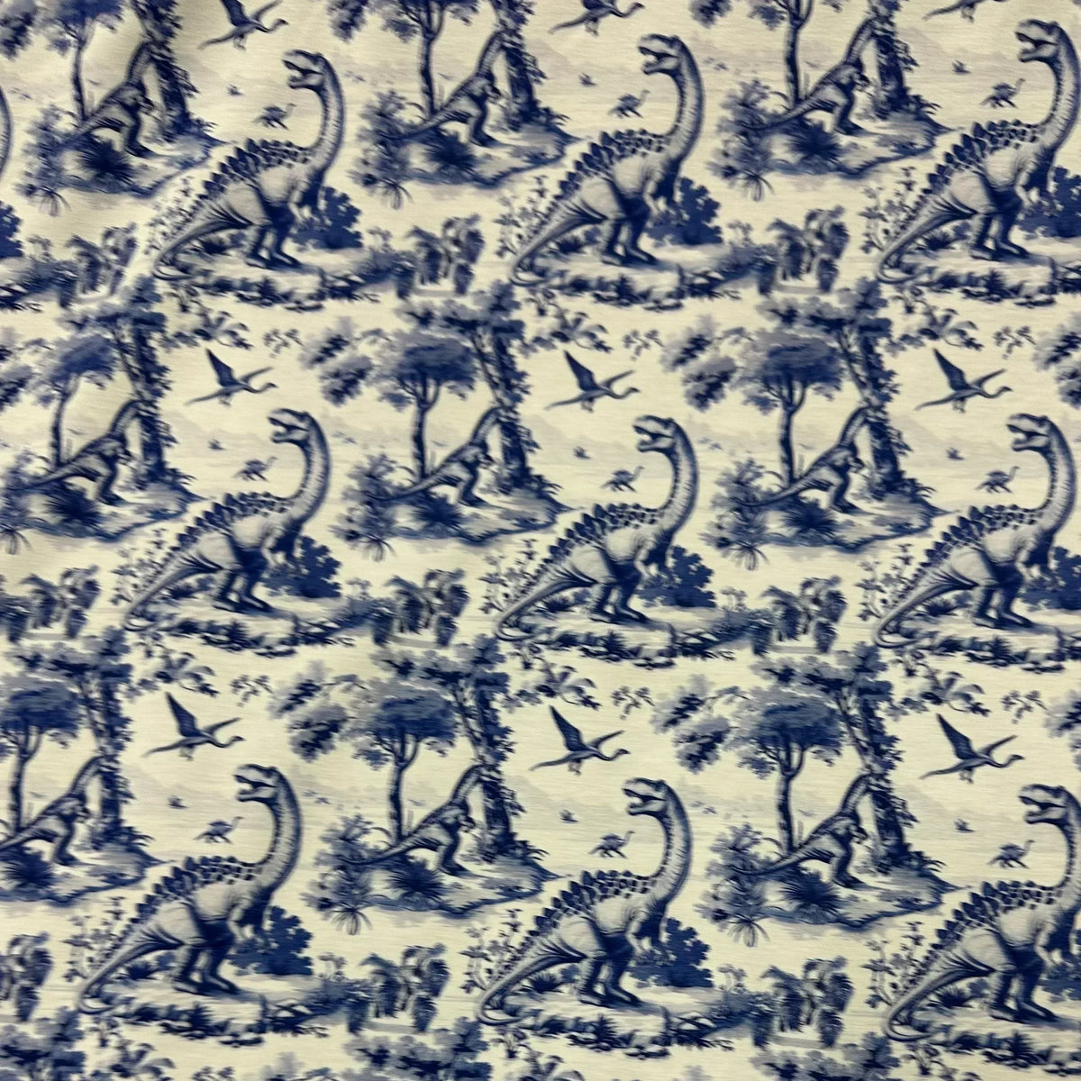 Blue Dino Toile on Bamboo/Spandex Jersey Fabric - Nature's Fabrics