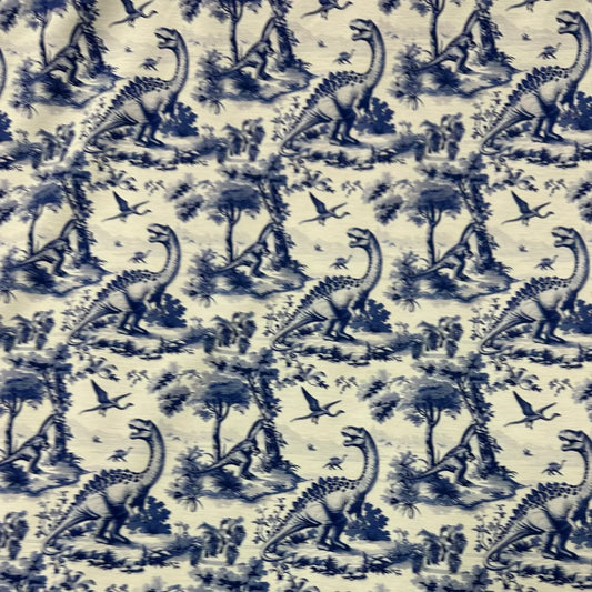 Blue and white dinosaur print fabric from Nature's Fabrics