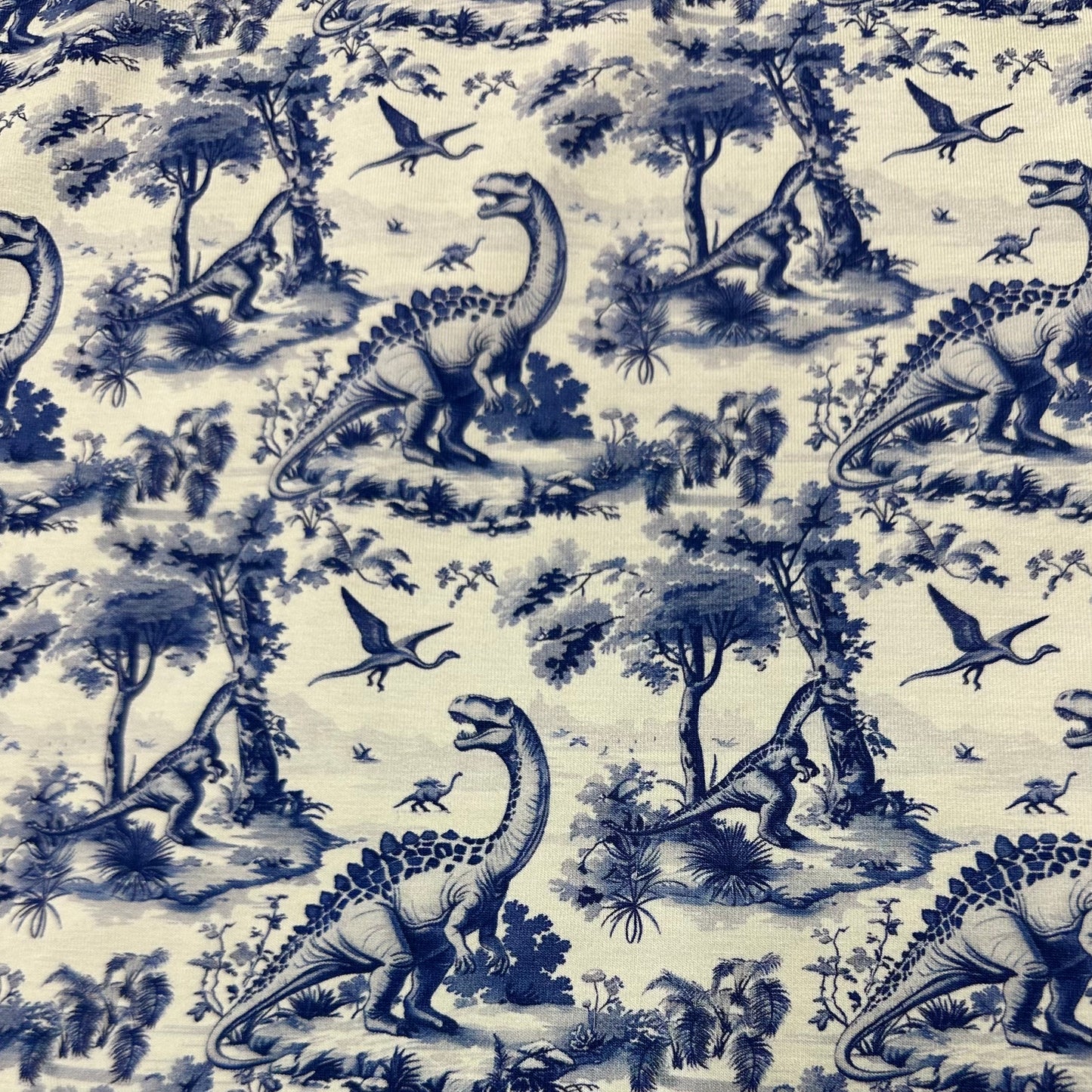Blue Dino Toile on Bamboo/Spandex Jersey Fabric - Nature's Fabrics